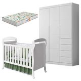 Berço Americano Danny E Guarda Roupa Infantil Eloá Branco Acetinado Com Colchão Gazin Phoenix Baby