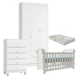 Quarto De Bebê 3 Portas Com Gaveteiro Ternura Baby E Berço Lara Branco Brilho Com Colchão Gazin - Incorplac