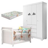 Berço Americano Lara E Guarda Roupa Infantil Ane Branco Brilho Com Colchão Gazin Phoenix Baby