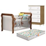 Berço Americano Lara E Cômoda Gaveteiro Mel Flat Branco Acetinado Amadeirado Com Colchão Gazin Carolina