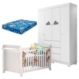 Berço Americano Lara E Guarda Roupa Infantil Ane Branco Brilho Com Colchão Ortobom Phoenix Baby