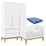 Berço Americano Unique E Guarda Roupa 3 Portas Nature Clean Branco Soft Eco Wood E Colchão Ortobom Matic