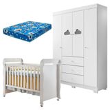Berço Americano Mirelle E Guarda Roupa Infantil Ane Branco Brilho Com Colchão Ortobom Phoenix Baby