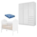 Berço Americano Realeza E Guarda Roupa Infantil Blenda Branco Acetinado Com Colchão Ortobom - Phoenix Baby