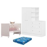 Berço Nacional 3540 E Guarda Roupa Com Cômoda 4070 Doce Sonho Branco Brilho E Colchão Ortobom Qmovi