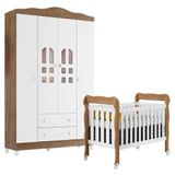 Berço Americano Lila E Guarda Roupa Infantil New Selena 4 Portas Branco Acetinado Amadeirado - Carolina Móveis