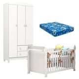 Berço Americano Lara E Guarda Roupa Infantil Mel Flat 3 Portas Branco Brilho Com Colchão Ortobom Carolina