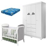 Berço Americano Danny E Guarda Roupa Infantil Ane Branco Brilho Com Colchão Ortobom Phoenix Baby