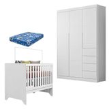 Berço Americano Retro Maya E Guarda Roupa Infantil Eloá Branco Acetinado Com Colchão Ortobom Phoenix Baby