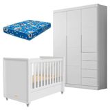 Berço Americano Tutto New E Guarda Roupa Infantil Eloá Branco Acetinado Com Colchão Ortobom Phoenix Baby