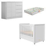 Berço Americano Tutto New E Cômoda Infantil Eloá Branco Acetinado Com Colchão Gazin Phoenix Baby