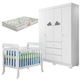 Berço Americano Lila E Guarda Roupa Infantil Ane Branco Brilho Com Colchão Gazin Phoenix Baby
