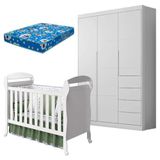 Berço Americano Danny E Guarda Roupa Infantil Eloá Branco Acetinado Com Colchão Ortobom Phoenix Baby