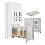 Quarto De Bebê New Selena 3 Portas Com Cômoda Selena E Berço Mirelle Branco Brilho E Colchão Gazin Carolina Móveis
