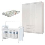 Berço Americano New Nanda Com Guarda Roupa Helena Branco Brilho E Colchão Gazin Phoenix