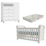 Berço Americano Lara Com Colchão Gazin E Cômoda Infantil Ternura Baby Branco Brilho - Incorplac