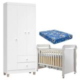Berço Americano Mirelle Com Colchão Para Berço Americano E Guarda Roupa Ternura Baby 3 Portas Branco Brilho - Incorplac