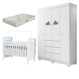 Berço Americano New Nanda E Guarda Roupa Infantil Ane Branco Brilho Com Colchão Gazin Phoenix Baby