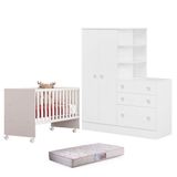 Berço Nacional 3540 E Guarda Roupa Com Cômoda 4070 Doce Sonho Branco Brilho E Colchão Gazin Qmovi