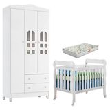 Berço Americano Lila E Guarda Roupa Infantil New Selena 3 Portas Branco Brilho Com Colchão Gazin Carolina Móveis