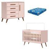 Berço Americano 3820 E Cômoda Infantil 3825 Q Encanto Retrô Rosa Com Colchão Ortobom - Qmovi
