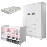 Berço Americano Tico E Guarda Roupa Infantil Ane Branco Brilho Com Colchão Gazin Phoenix Baby