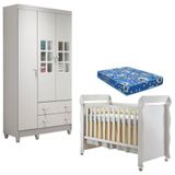 Berço Americano Mirelle E Guarda Roupa Mariah 3 Portas Branco Brilho Com Colchão Carolina