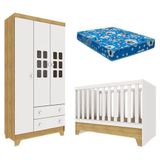 Berço Americano Mini Cama Com Guarda Roupa Infantil Malu Branco Acetinado Bétula Com Colchão Ortobom Carolina