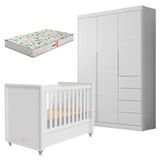 Berço Americano Tutto New E Guarda Roupa Infantil Eloá Branco Acetinado Com Colchão Gazin Phoenix Baby