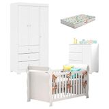 Quarto De Bebê Duda 3 Portas E Berço Americano Lara Branco Brilho Com Colchão Gazin Phoenix Baby