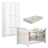 Berço Americano Lara E Guarda Roupa Infantil Mel Flat 3 Portas Branco Brilho Com Colchão Gazin Carolina