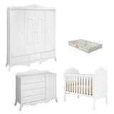 Quarto De Bebê Realeza E Cômoda 1 Porta Branco Acetinado Com Colchão Gazin Canaã