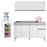 Balcão De Pia Tatiane 145 Cm E Armário Aéreo Andréia 4 Portas 150 Cm Com Fruteira Monalise Branco Brilho Ajl