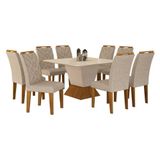 Mesa De Jantar Larissa 135x135 Off White Freijó Com 8 Cadeiras Mdf Freijó Linho Palha - Leifer Móveis