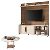 Estante Home Theater Luxor Castanho Off White E Mesa De Centro Sky Com Tampo De Vidro Castanho- Hb Móveis