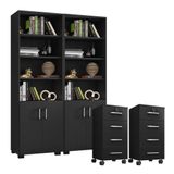 Kit 2 Gaveteiros Para Escritório Gávea Com Chave E 2 Livreiros Office Com Portas Pequenas Preto Fosco Móveis Leão