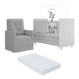 Berço Americano 3x1 Com Colchão Incluso Poltrona De Amamentação Multimóveis Mp4089 Branco/cinza
