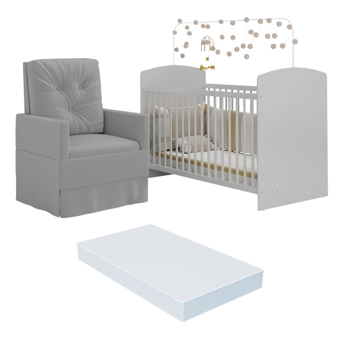 Berço Com Colchão E Poltrona De Amamentação Olaf Multimóveis Mp4087 Branco/cinza