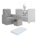 Berço Americano 3x1 Com Colchão, Poltrona Amamentação E Puff Bambino Multimóveis Mp4101 Branco/cinza