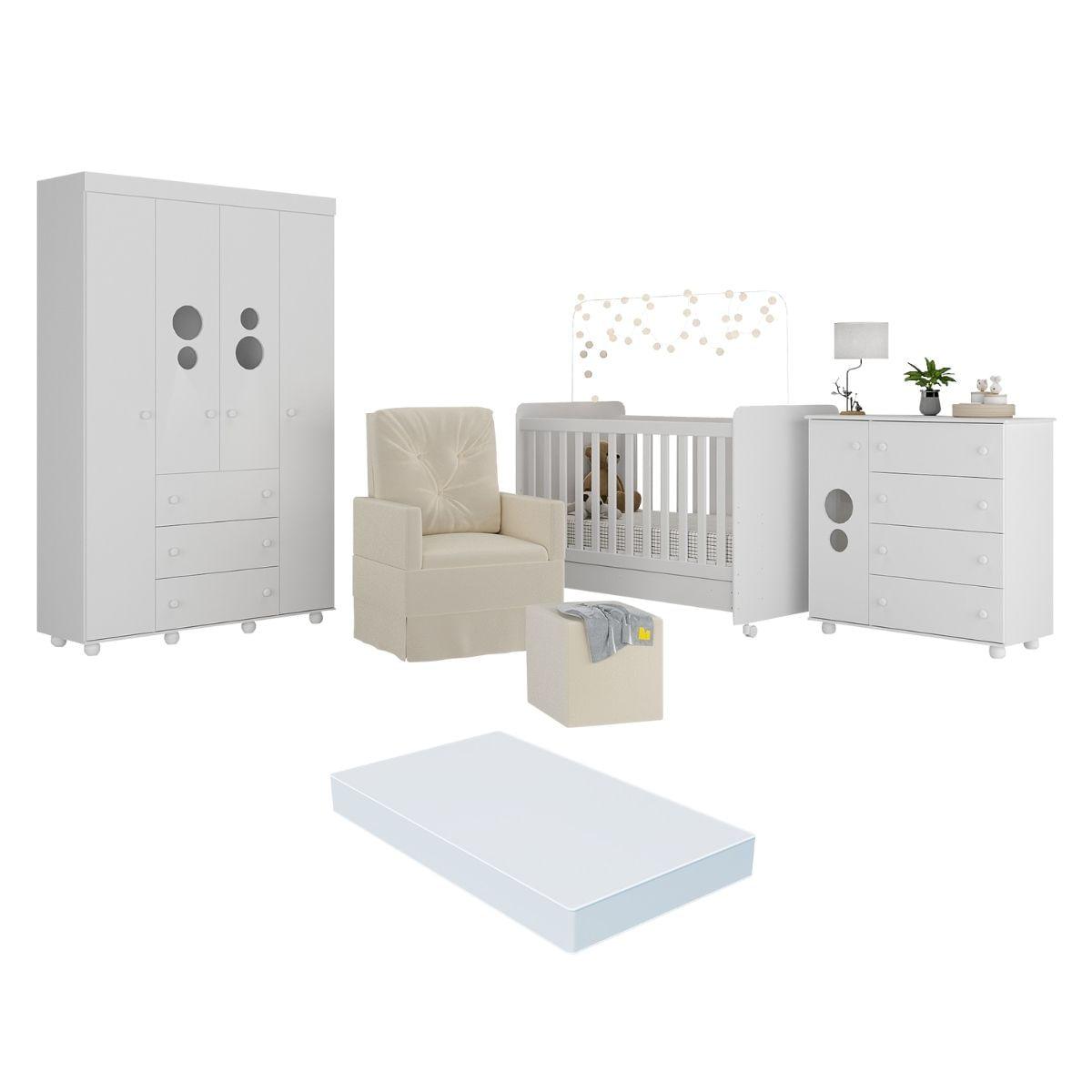 Quarto Completo Com Colchão, Poltrona De Amamentação E Puff Pimpolho Multimóveis Mp4103 Branco/bege