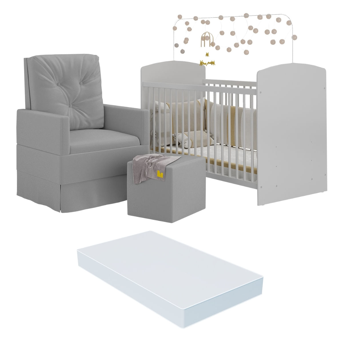 Berço Com Colchão Incluso Poltrona De Amamentação E Puff Olaf Multimóveis Mp4099 Branco/cinza