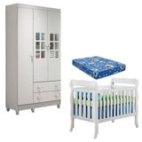 Berço Americano Lila E Guarda Roupa Mariah 3 Portas Branco Brilho Com Colchão Carolina