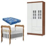 Berço Lila E Guarda Roupa Mariah 3 Portas Branco Acetinado Amadeirado Com Colchão Carolina