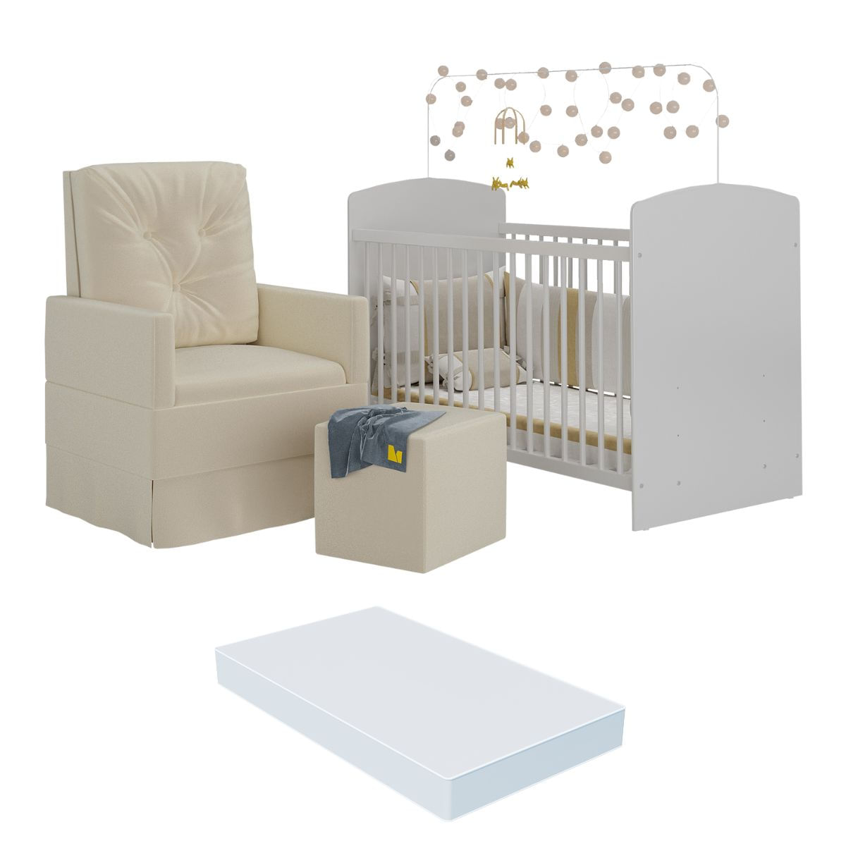 Berço Com Colchão Incluso Poltrona De Amamentação E Puff Olaf Multimóveis Mp4099 Branco/bege