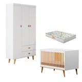 Berço Americano Ligia Com Guarda Roupa 3 Portas Duda Branco Acetinado Bétula E Colchão Gazin Carolina Móveis