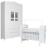 Berço Americano New Nanda E Guarda Roupa Infantil Ariel 4 Portas Branco Brilho Carolina