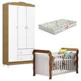 Berço Americano Lara E Guarda Roupa Infantil Mel Flat 3 Portas Branco Acetinado Amadeirado Com Colchão Gazin Carolina