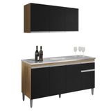 Balcão De Pia Tatiane 145 Cm E Armário Aéreo Andreia 3 Portas 120 Cm Amêndoa Preto Ajl