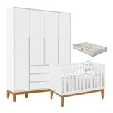 Berço Americano Unique E Guarda Roupa 4 Portas Nature Clean Branco Soft Eco Wood Com Colchão Gazin Matic
