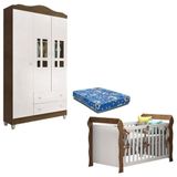 Berço Americano Lara E Guarda Roupa Ariel 3 Portas Branco Acetinado Amadeirado Com Colchão Carolina
